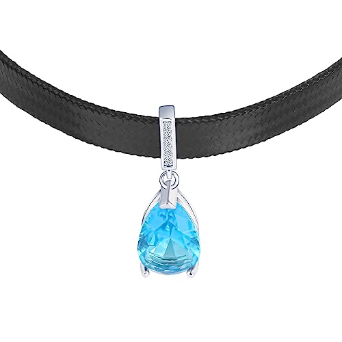 Yumilok Kette Damen Halskette Collier 925 Sterling Silber Choker Wassertropfen blau Lederseil schwarz für Damen Valentinstag von Yumilok