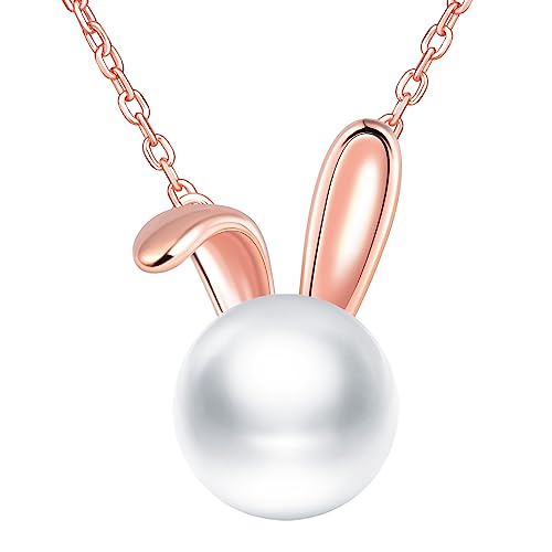 Yumilok Kette Damen Halskette Collier 925 Sterling Silber mit Anhänger Perle Rosegold Kaninchen für Frauen Mama von Yumilok