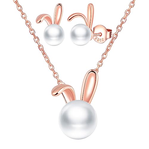 Yumilok Kette Damen Halskette Collier Damen Ohrringe 925 Sterling Silber Perle Kaninchen Rosegold mit Anhänger für Damen Valentinstag von Yumilok