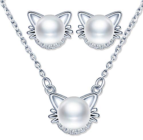Yumilok Kette Damen Halskette Damen Ohrstecker Ohrringe Katzen Schmuck Set mit Weiß Perle aus 925 Sterling Silber für Damen Frauen Mädchen von Yumilok