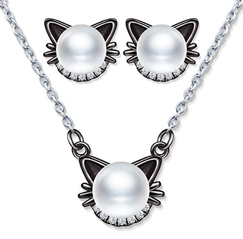 Yumilok Kette Damen Halskette Damen Ohrstecker Ohrringe Katzen Schmuck Set mit Weiß Perle aus 925 Sterling Silber für Damen Frauen Schwarz von Yumilok