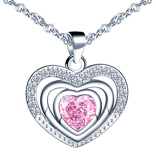 Yumilok Kette Damen Halskette Doppel Herz 925 Sterling Silber mit Anhänger Zirkonia 45CM Kettenlänge Geschenk für Mama Frau Freundin Rose von Yumilok