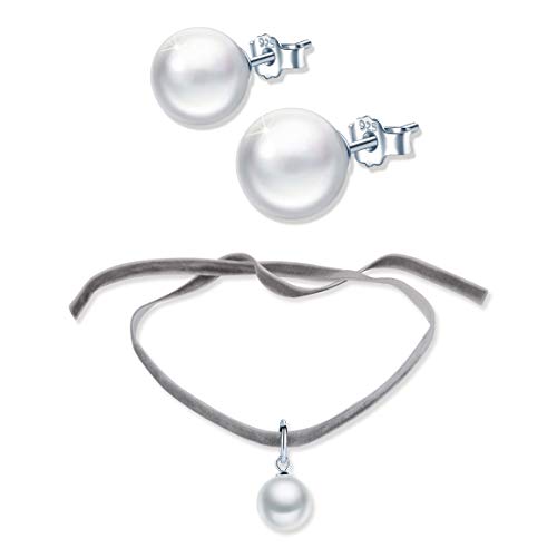 Yumilok Kette Damen Halskette Halsband Damen Ohrstecker Ohrringe Vintage Schmuck Sets mit Weiß Perle aus 925 Sterling Silber für Damen Frauen von Yumilok
