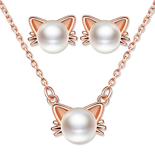 Yumilok Kette Damen Halskette Katzen Damen Ohrringe Ohrstecker Schmuck Set mit Weiß Perle aus 925 Sterling Silber für Damen Frauen Mädchen Roségold von Yumilok