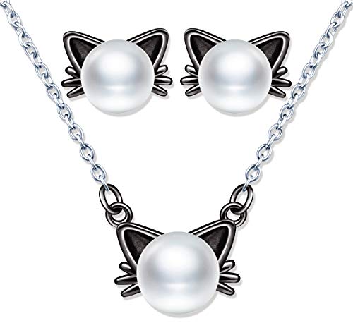 Yumilok Kette Damen Halskette Katzen Damen Ohrringe Ohrstecker Schmuck Set mit Weiß Perle aus 925 Sterling Silber für Damen Frauen Mädchen Schwarz von Yumilok