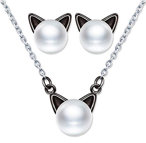 Yumilok Kette Damen Halskette Katzen Damen Ohrringe Ohrstecker Schmuck Set mit Weiß Perle aus 925 Sterling Silber für Damen Frauen Mädchen Schwarz von Yumilok