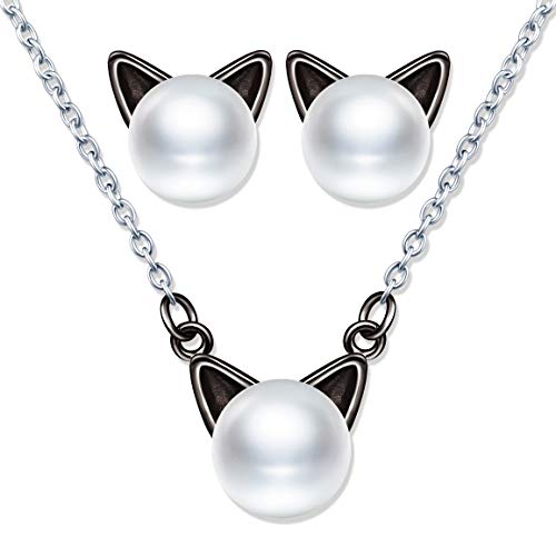 Yumilok Kette Damen Halskette Katzen Damen Ohrringe Ohrstecker Schmuck Set mit Weiß Perle aus 925 Sterling Silber für Damen Frauen Mädchen Schwarz von Yumilok