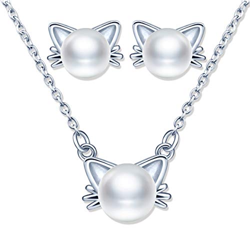 Yumilok Kette Damen Halskette Katzen Damen Ohrringe Ohrstecker Schmuck Set mit Weiß Perle aus 925 Sterling Silber für Damen Frauen Mädchen von Yumilok