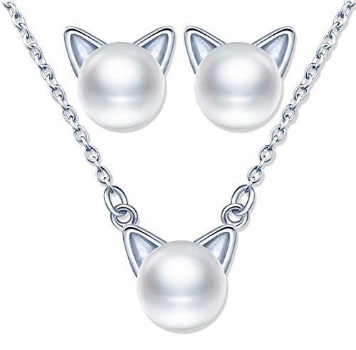 Yumilok Kette Damen Halskette Katzen Damen Ohrringe Ohrstecker Schmuck Set mit Weiß Perle aus 925 Sterling Silber für Damen Frauen Mädchen von Yumilok