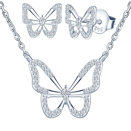 Yumilok Kette Damen Halskette Ohrringe Ohrstecker Collier 925 Sterling Silber Zirkonia Schmetterling für Frauen Mama Valentinstag von Yumilok