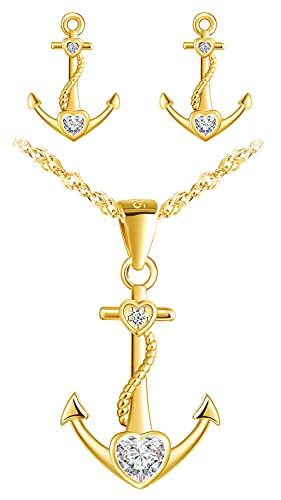 Yumilok Kette Damen Halskette Ohrringe Schmuck Set 925 Sterling Silber Herz mit Anker Anhänger für Damen Kinder Gold von Yumilok