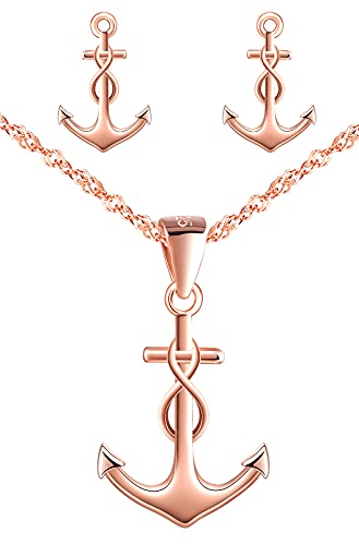 Yumilok Kette Damen Halskette Ohrringe Schmuck Sets 925 Sterling Silber mit Infinity Symbol Unendlichkeit Anker Anhänger für Frauen Roségold von Yumilok