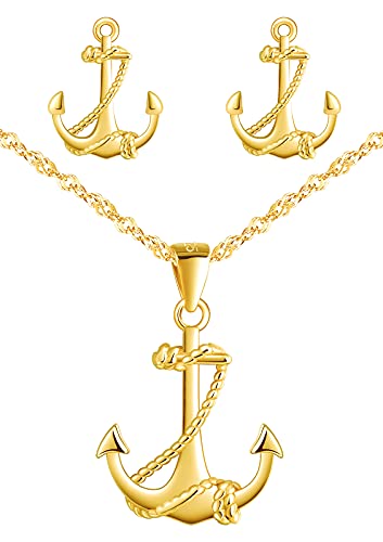 Yumilok Kette Damen Halskette Ohrringe Schmuckset 925 Sterling Silber mit Anker Anhänger für Damen Kinder Gold von Yumilok