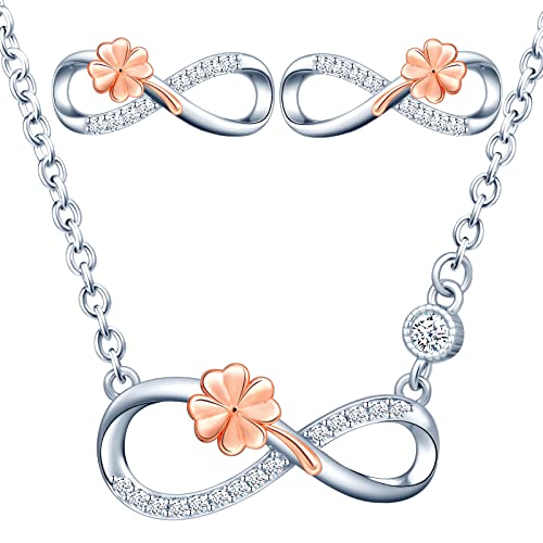 Yumilok Kette Damen Halskette Ohrstecker Schmuckset Silber 925 Kleeblatt Unendlichkeit Anhänger Damen Ohrringe Kette Set mit Anhänger für Damen Mädchen von Yumilok