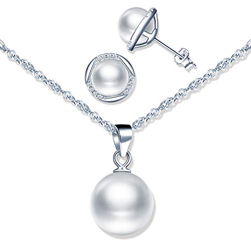 Yumilok Perlenschmuck-Set, Perlenkette für Damen, aus 925er Silber, elegante Perlenohrringe, Zirkonia, Intarsien, Geschenk zu Weihnachten und Geburtstag, kubischer Zirkonia, Sterling-Silber, Cubic von Yumilok