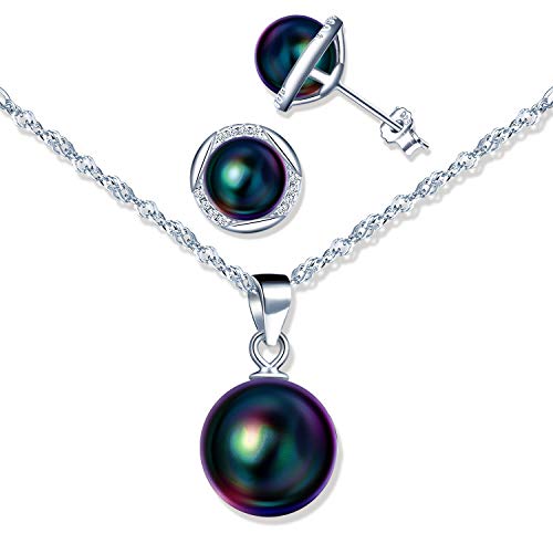 Yumilok Perlenschmuck-Set, Perlenkette für Damen, aus Sterling-Silber 925, elegante Perlenohrringe, Zirkonia, Geschenk zu Weihnachten und Geburtstag, Cubic Zirkonia aus Sterlingsilber, Perle von Yumilok
