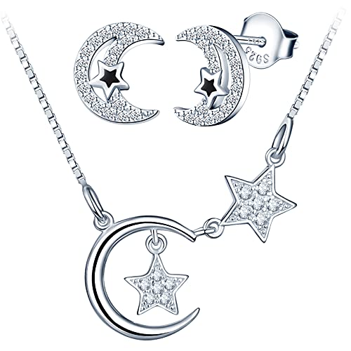 Yumilok Kette Ohrringe Schmuckset Halskette Silber 925 mit Mond Stern Anhänger für Damen Muttertag Geschenk von Yumilok