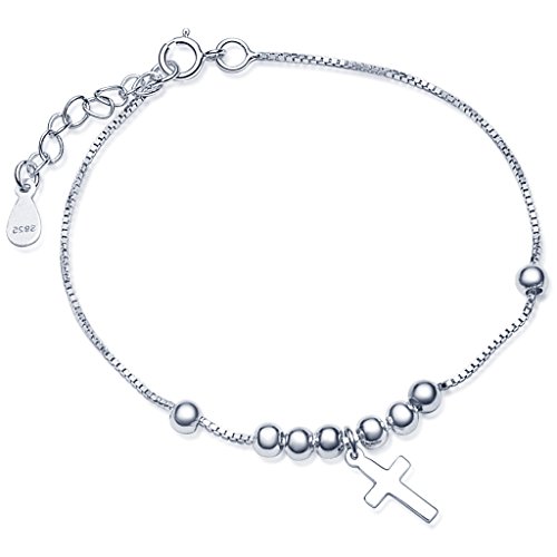 Yumilok Kreuz Beads Kugeln 925 Sterling Silber Charm-Armband Armkette Silber Gliederarmband für Damen Frauen Mädchen, 6.5-7.5" Verstellbar von Yumilok