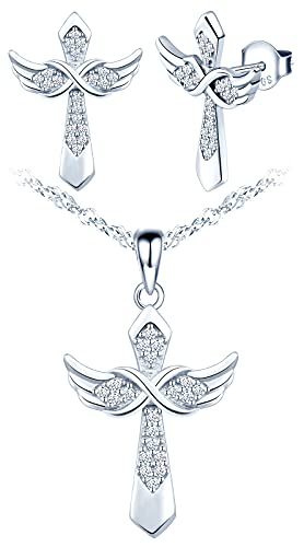 Yumilok Kreuz Kette 925 Sterling Silber Religiöse Kreuz Anhänger Halskette Unendlichkeit Flügel Silberkette Damen Ohrringe Ohrstecker Set für Damen Mädchen von Yumilok