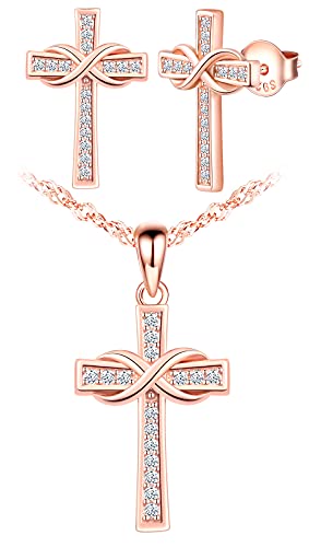 Yumilok Kreuz Kette Halskette Anhänger Silber 925 Sterling Silber Unendlichkeit Anhänger Zirkonia Damen Ohrstecker Ohrringe Set für Damen Mädchen Rosegold von Yumilok