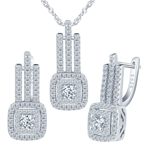 Yumilok Quadrat Micro Pave Cubic Zirconia Cz Ohrstecker Creolen Ohrringe Damen Silber 925 Damen Halskette mit Anhänger kette Set Hochzeit Schmuck von Yumilok