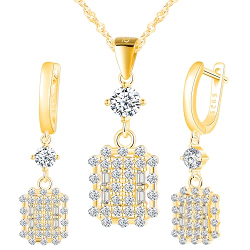 Yumilok Quadrat Micro Pave Cubic Zirconia Ohrstecker Damen Ohrringe Sterling Silber 925 Ohrhänger Creolen für Frauen Damen Halskette mit Anhänger Set Gold von Yumilok