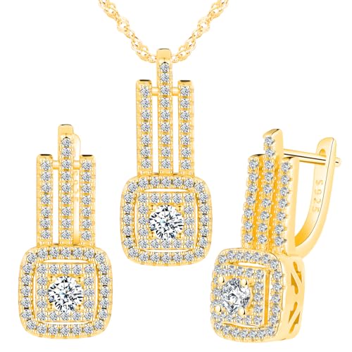 Yumilok Quadrat Rechteckig Micro Pave Cubic Zirconia Cz Damen Ohrringe Ohrringe Sterling Silber 925 Creolen Ohrstecker für Frauen Damen Halskette mit Anhänger Set Gold von Yumilok