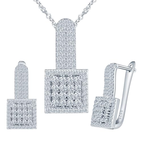 Yumilok Quadratisch Micro Pave Cubic Zirconia Ohrringe Stecker Damen Creolen Silber 925 Hängend Damen Halskette mit Anhänger Set von Yumilok