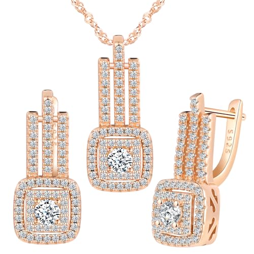 Yumilok Quadratisch Micro Pave Zirconia Ohrringe Creolen Ohrringe Damen 925er-Sterling Silber Halskette Damen mit Anhänger Set Roségold von Yumilok