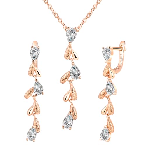 Yumilok Quasten Ohrringe Zirkonia Hängend Blatt Creolen Ohrringe Ohrhänger Damen 925er-Sterling Silber Halskette Damen mit Anhänger Roségold von Yumilok