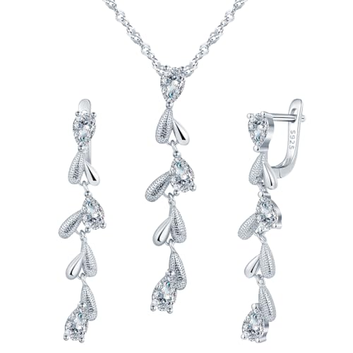 Yumilok Damen Schmuckset: Quasten Zirkonia Hängend Blatt Lang Strass Creolen Ohrringe & Silber 925 Hängend Ohrringe & Halskette mit Anhänger von Yumilok