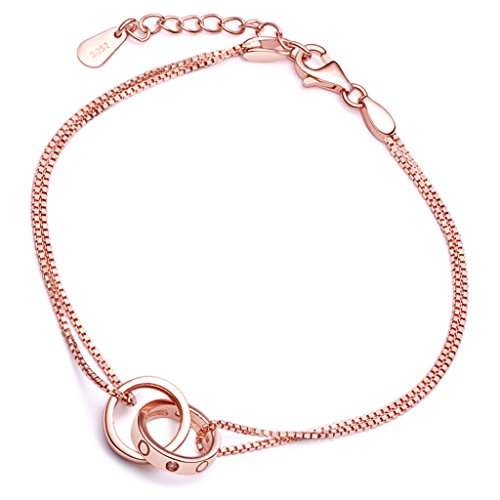 Yumilok Roségold 2 Verschlungene Ringe 925 Sterling Silber Zirkonia Charm-Armband Armkette Doppel Ketten für Damen Frauen Mädchen, 6.5-7.5" Verstellbar von Yumilok