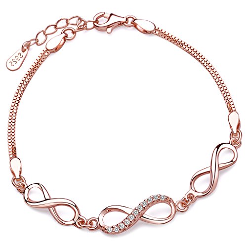 Yumilok Roségold 3 Infinity Unendlichkeit Symbole 925 Sterling Silber Zirkonia Charm-Armband Armkette Armschmuck für Damen Mädchen, 6.3-7.5" Verstellbar (Rosegold) von Yumilok