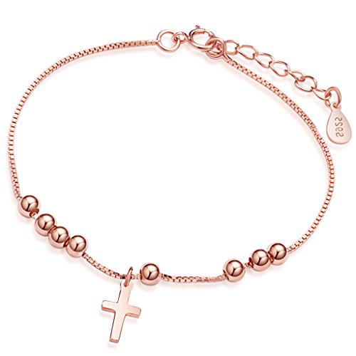 Yumilok Roségold 925 Sterling Silber Kreuz Kugeln Beads Charm-Armband Armkette Bettelarmband Armschmuck für Damen Frauen Mädchen, 6.3-7.1" Verstellbar von Yumilok