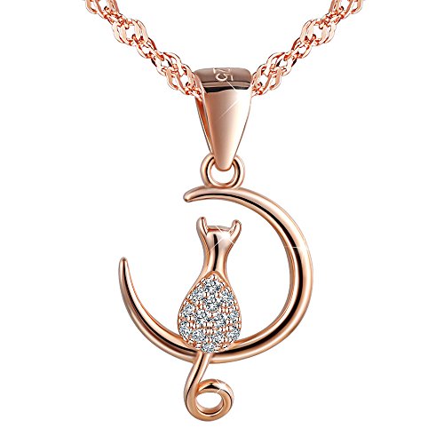 Yumilok Roségold 925 Sterling Silber Zirkonia Anhänger Halskette "Katze auf dem Mond" Kette mit Anhänger für Damen Mädchen von Yumilok