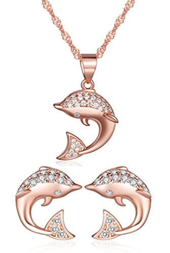 Yumilok Roségold 925 Sterling Silber Zirkonia Delfin Ohrstecker Halskette Schmuck Set Ohrringe Kette mit Anhänger Set für Damen Mädchen von Yumilok