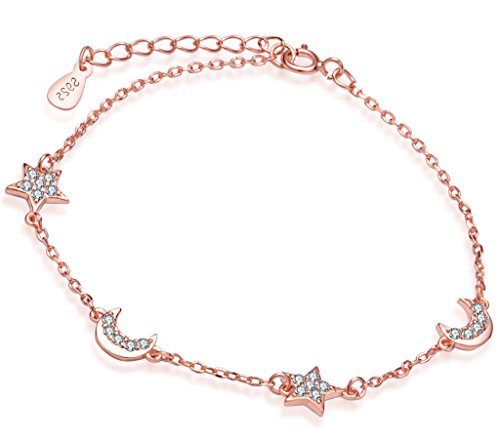 Yumilok Roségold 925 Sterling Silber Zirkonia Monde Sterne Charm-Armband Armkette Armschmuck für Damen Frauen Mädchen, 6.5-7.5" Verstellbar von Yumilok