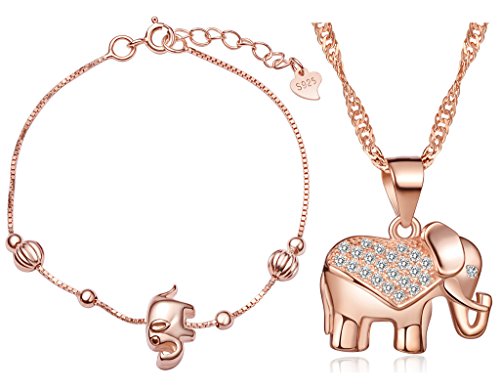 Yumilok Roségold 925 Sterling Silber Zirkonia Elefant Charm Armband Halskette Schmuck Set Armkette & Kette mit Anhänger Set für Damen Mädchen von Yumilok