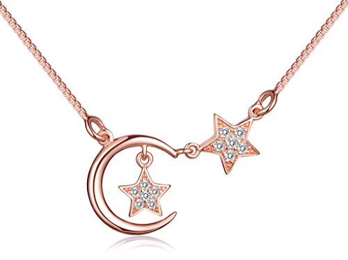 Yumilok Roségold 925 Sterling Silber Zirkonia Mond Sterne Anhänger Halskette Kette mit Anhänger für Damen Mädchen Kinder von Yumilok