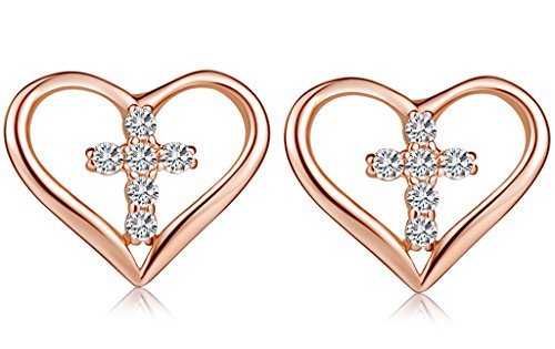 Yumilok Damen Ohrstecker Ohrringe Roségold Herz Kreuz Zirkonia 925 Sterling Silber Hypoallergen Ohrschmuck für Damen Frauen Mädchen von Yumilok