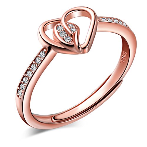 Yumilok Roségold 925 Sterling Silber Zirkonia Herzen Liebe Offener Ring Trauringe Verlobungsring für Damen Mädchen, Größe 49-57 Verstellbar von Yumilok