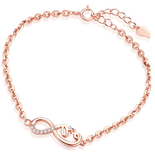 Yumilok Roségold 925 Sterling Silber Zirkonia Infinity Unendlichkeit Symbol "LOVE" Charm-Armband Armkette für Damen Frauen Mädchen, 6.3-7.3" Verstellbar von Yumilok