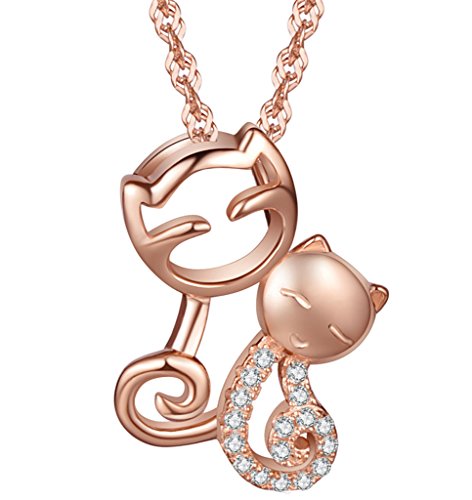 Yumilok Roségold 925 Sterling Silber Zirkonia Niedliche Doppel Kätzchen Katzen Anhänger Halskette Kette mit Anhänger für Damen Mädchen von Yumilok