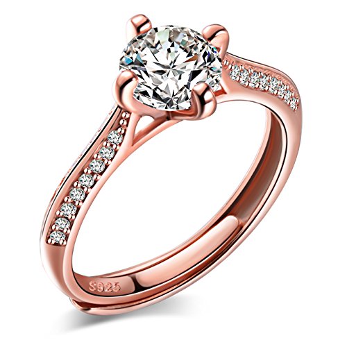 Yumilok Roségold 925 Sterling Silber Zirkonia Offener Ring Trauringe Verlobungsring Solitärring für Damen Mädchen, Größe 49-57 Verstellbar von Yumilok