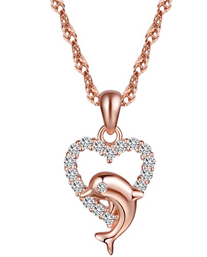 Yumilok Roségold 925 Sterling Silber Zirkonia Süßer Delfin Herz Anhänger Halskette Kettenanhänger für Damen Mädchen von Yumilok