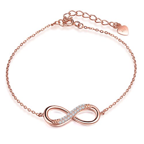 Yumilok Roségold 925 Sterling Silber Zirkonia Unendlichkeit Infinity Zeichen Charm Armband Verstellbare Armkette Armkettchen Mädchen von Yumilok