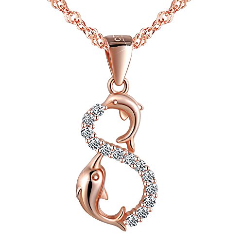 Yumilok Roségold 925 Sterling Silber Zirkonia Unendlichkeit Zeichen Delfine Anhänger Halskette Kette mit Anhänger für Damen Mädchen von Yumilok