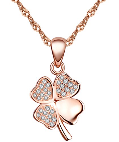 Yumilok 925 Sterling Silber Zirkonia Roségold/Silbe Vierblättriges Kleeblatt Anhänger Halskette Kette mit Anhänger für Damen Mädchen (Roségold) von Yumilok