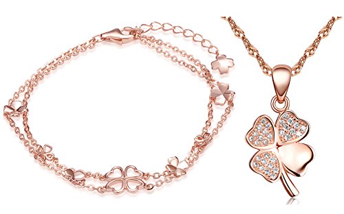 Yumilok Roségold 925 Sterling Silber Zirkonia Vierblättriges Kleeblatt Charm Armband Halskette Schmuck Set Armkette & Kette mit Anhänger Set für Damen Mädchen von Yumilok