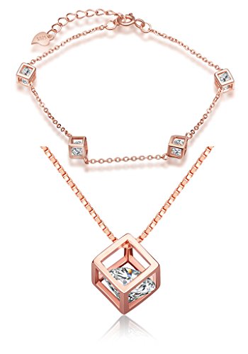 Yumilok Roségold 925 Sterling Silber Zirkonia Würfel Charm Armband Halskette Schmuck Set Armkette & Kette mit Anhänger Set für Damen Mädchen von Yumilok